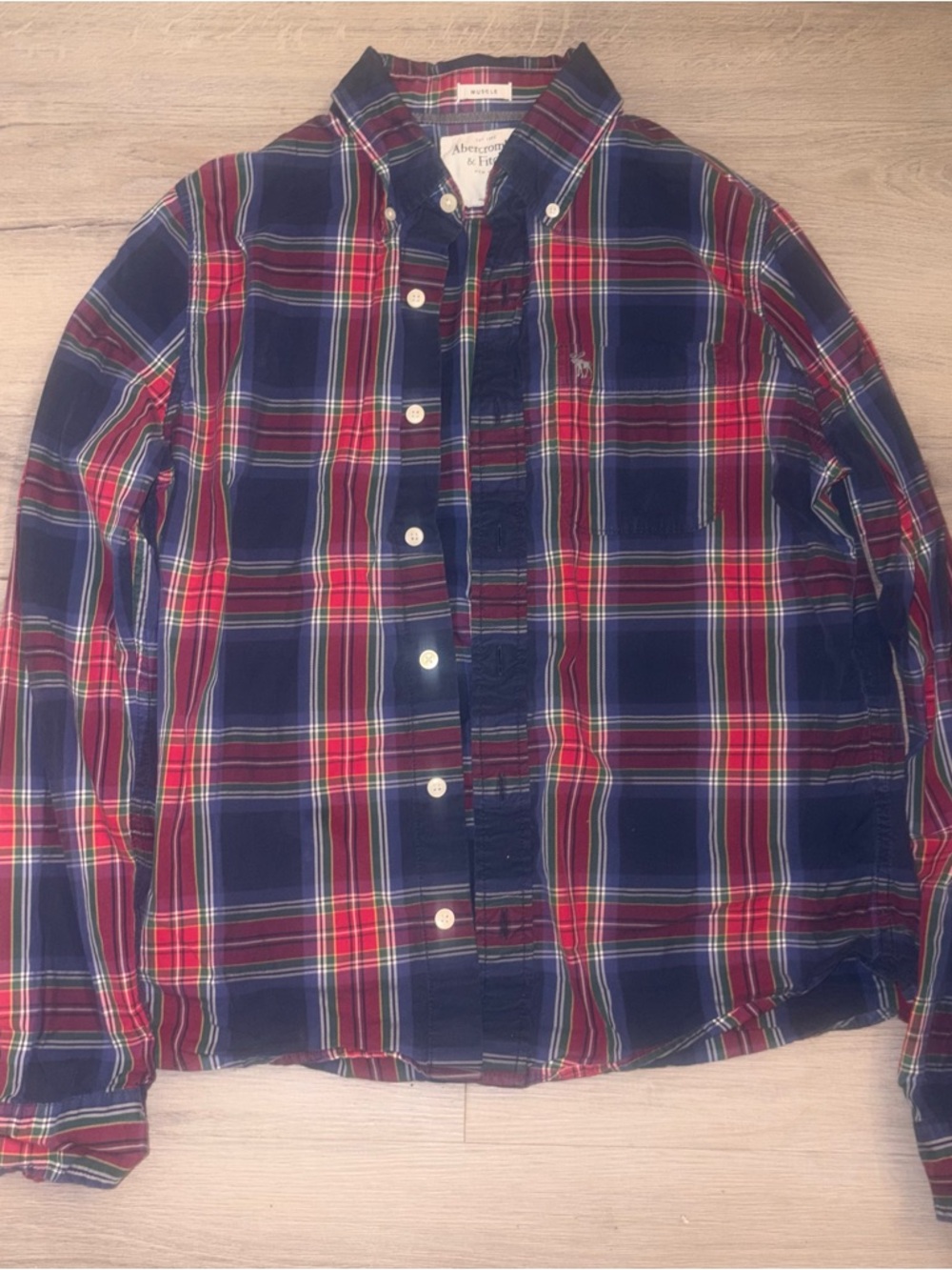 Abercrombie & Fitch Red, Navy and Green Plaid Button-Up Shirt